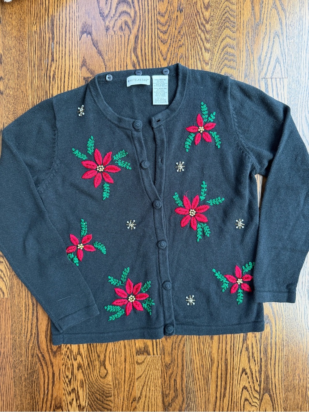 White Stag Black Cotton Holiday Festive Cardigan with Red Poinsettia Embroidery